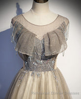 Champagne Round Neck Sequin Long Semi Formal Prom Dress, Tulle Semi Formal Prom Dress